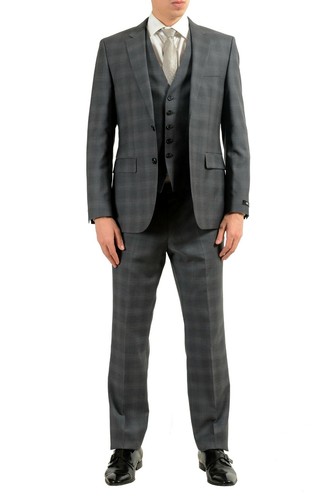 Pre-owned Hugo Boss "the Grand/central2we" Men's 100% Wool Plaid Three Piece Suit In Gray