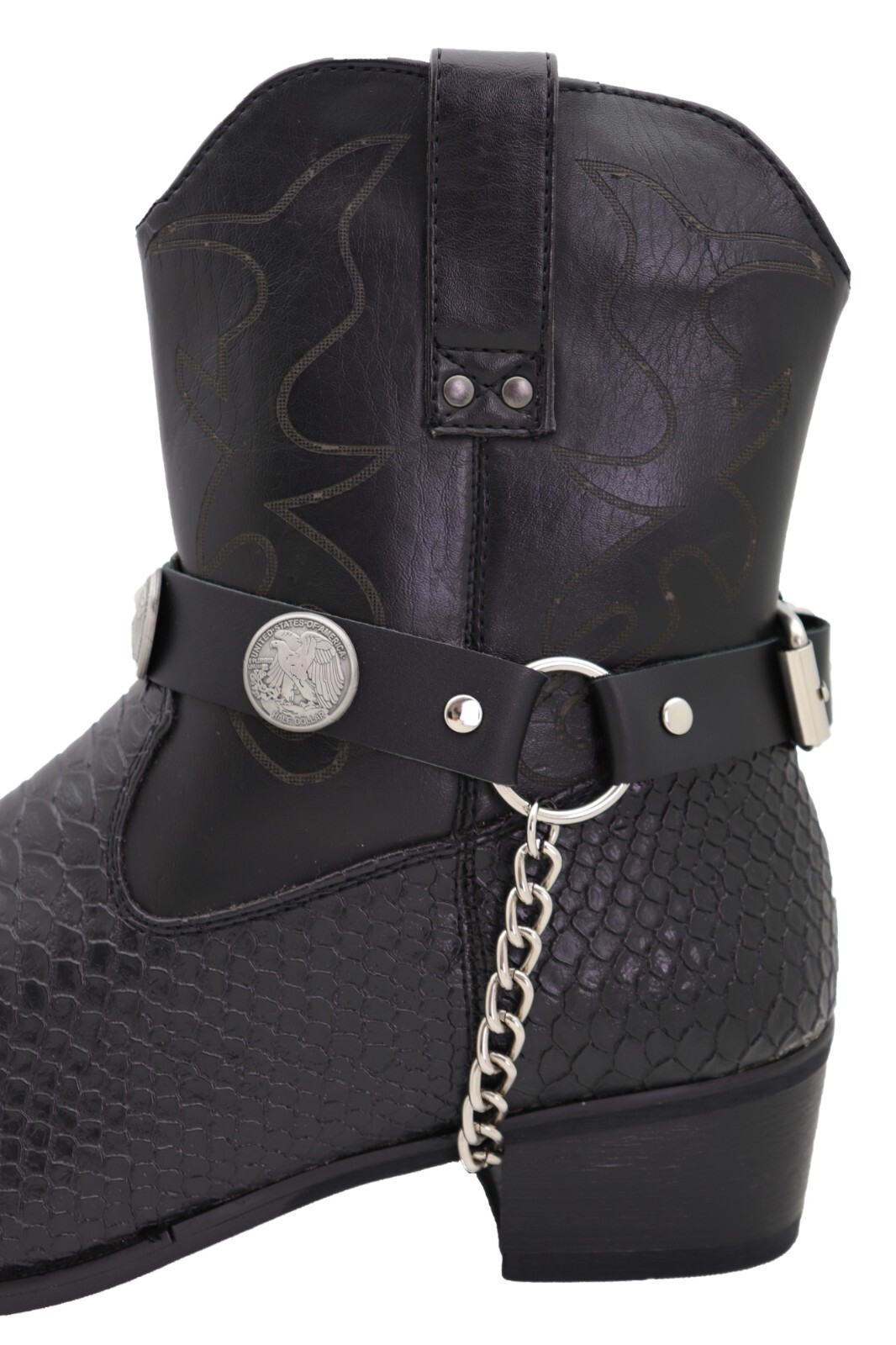 Men Women Boot Pair Black Straps Biker Bracelet American Eagle Charm Half Dollar
