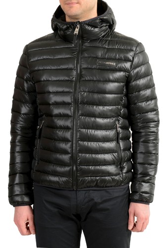 Plein Sport Men's Black Hooded Logo Print Zip Up Parka Jacket