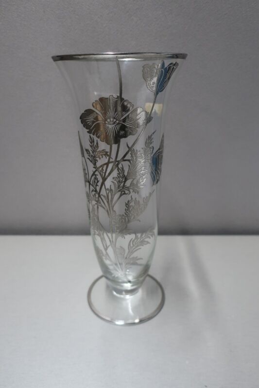Tall Glass Vase Sterling Overlay 9 3/4"