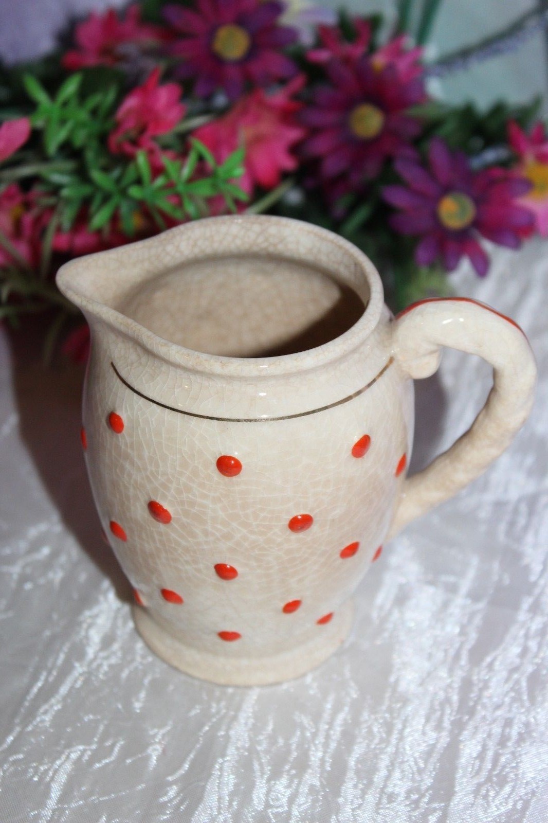 Vintage Hand Painted Pottery Pitcher/Creamer~Orange Cold Paint Polka Dots~Japan