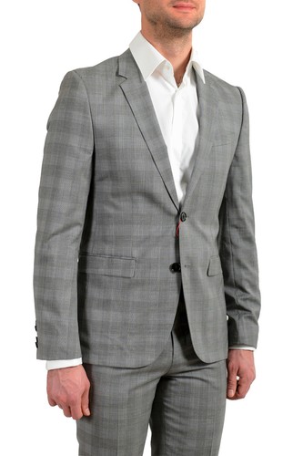 Pre-owned Hugo Boss "astian/hets182" Men's 100% Wool Extra Slim Fit Plaid Two Button Suit In Gray