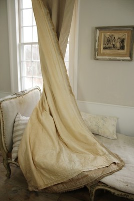 2 antique +valance French raw silk curtains Cream tall ceilings drapes 30's