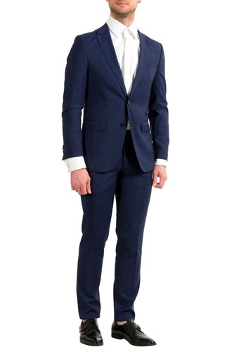 Pre-owned Hugo Boss Men's "novan5/ben2" Slim Fit 100% Wool Plaid Two Button Suit In Blue