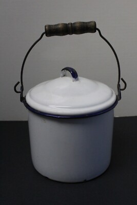 Small Vintage Enamelware Pot with Lid & Handle