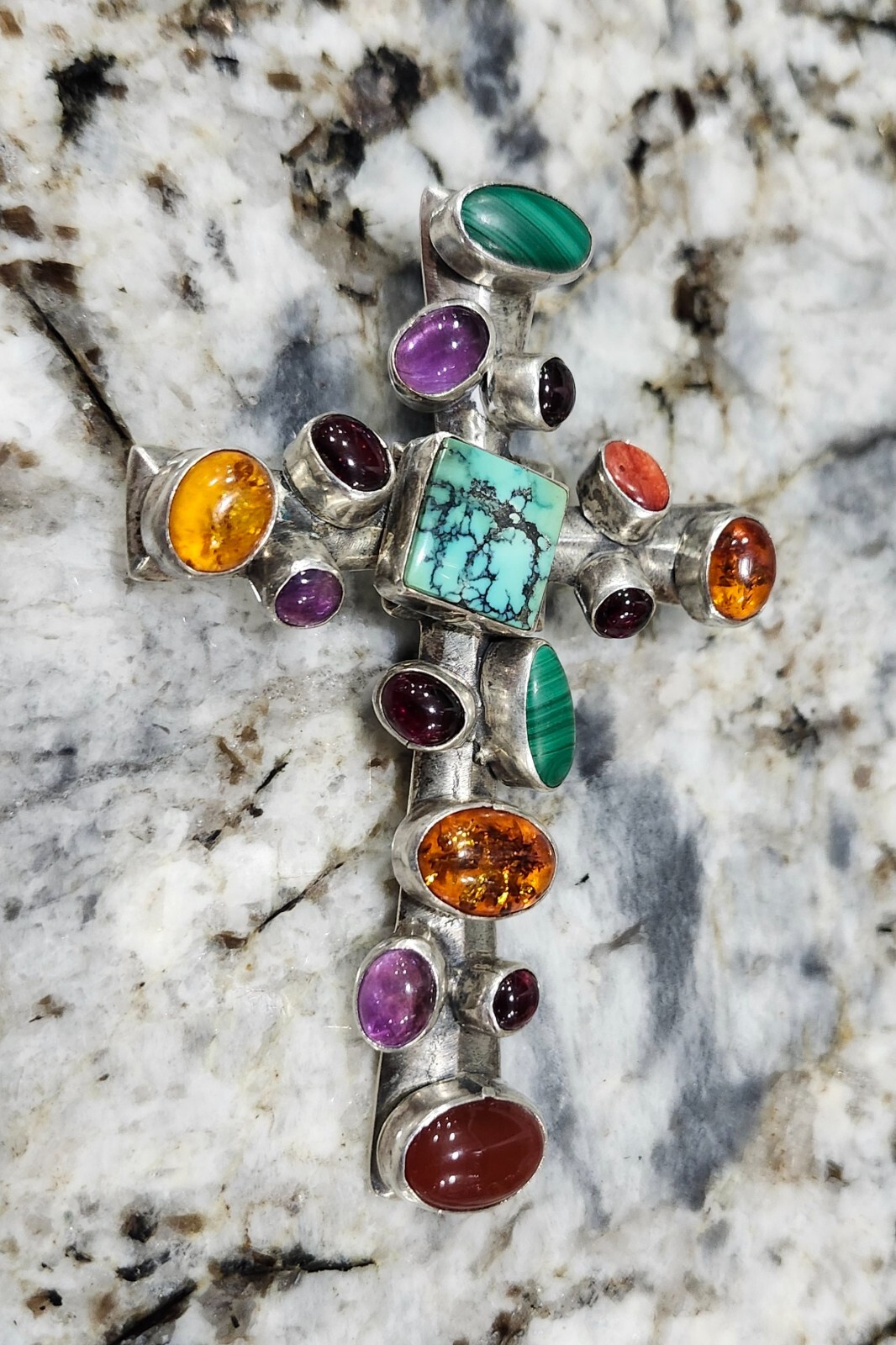 Rare Native American Navajo Signed Frogstain Spiderweb Turquoise Coral Silver Cross Necklace Rare Native American Navajo Signed Frogstain Spiderweb Turquoise Coral Silver Cross Necklace