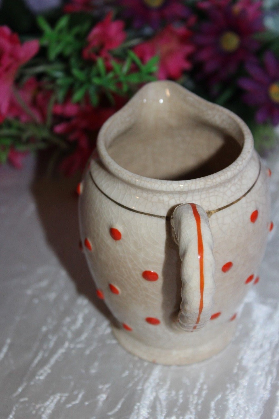 Vintage Hand Painted Pottery Pitcher/Creamer~Orange Cold Paint Polka Dots~Japan