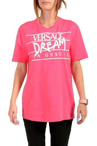 Versace Women's Pink Logo Print Crewneck Short Sleeve T