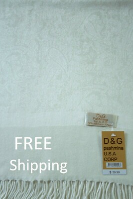 DG Pashmina Scarf Shawl Wrap,Paisley White/Offwhite,Silk Cashmere.Soft*027
