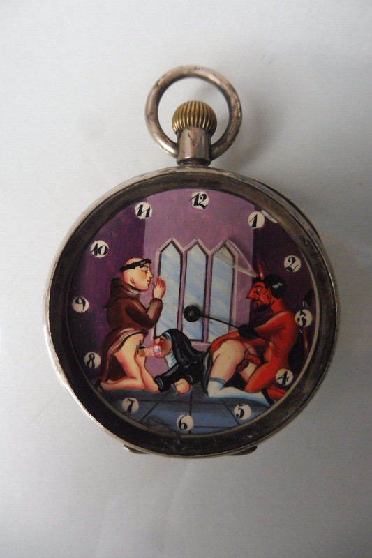 Erotische Taschenuhr  /  Bewegliches Zifferblatt , Alte Taschenuhr 800 Silber