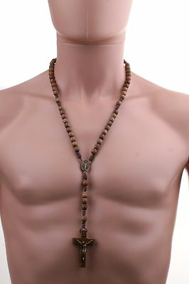 Rosary Necklace for Men Wooden Brown Carved Beads Strong Cord Rope Catholic