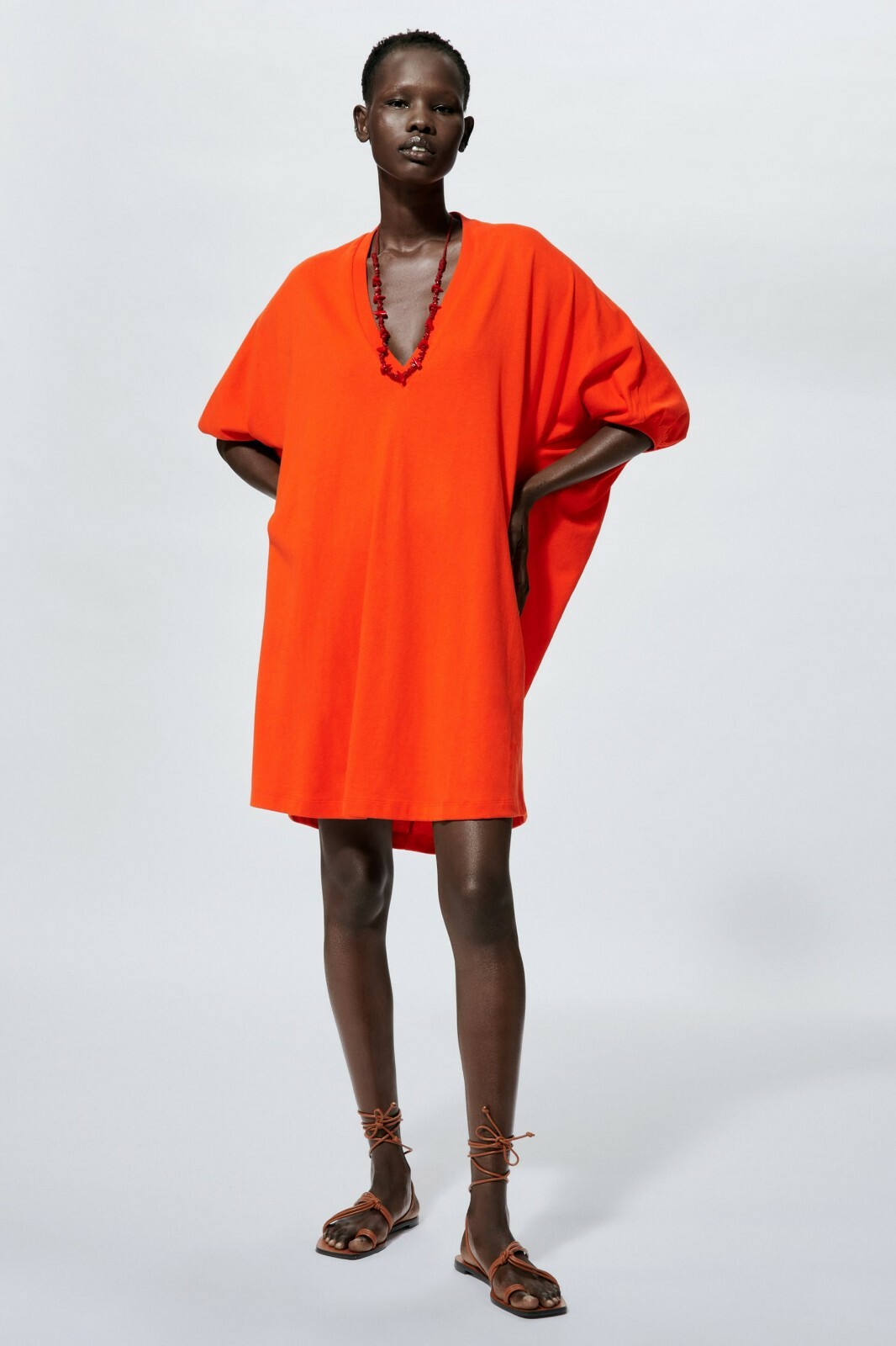 New Zara Cute 100% Cotton V-Neck Puff Sleeves Red Cocoon Dress