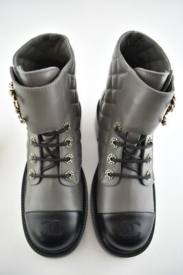 Pre-owned Chanel 21a Grey Black Quilted Cc Chain Combat Lace Up Tie Ankle Short Boots 40