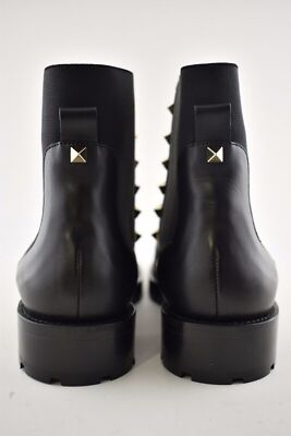 Pre-owned Valentino Garavani Valentino Rockstud Chelsea 20mm Black Leather Stud Heel Short Ankle Flat Boot 37