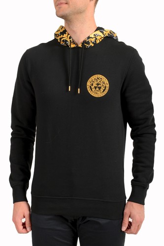 Pre-owned Versace Men's Black & Barocco Medusa Embroidery Hooded Sweatshirt Hoodie In Black/barocco