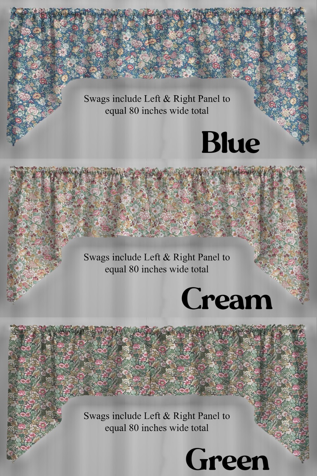 Rose Garden Valances, Curtains or Swags (3 Colors Available)