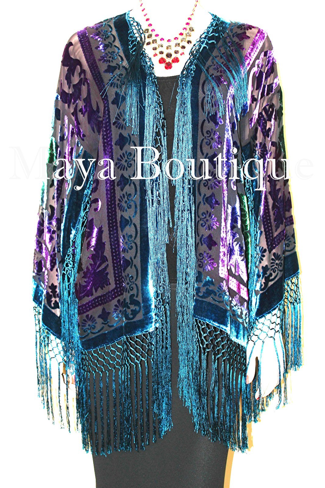 Pre-owned Maya Matazaro Tye Dye Teal Multi Short Fringe Jacket Kimono Burnout Velvet
