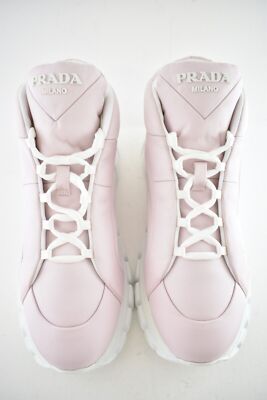 Pre-owned Prada Rush Piuma Nylon Pink White Platform Flat High Top Trainer Sneaker 39