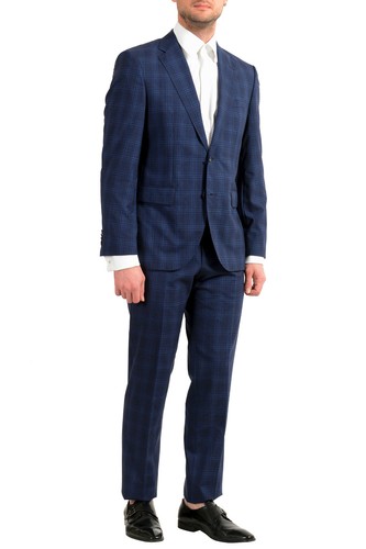 Pre-owned Hugo Boss Men's Jeckson/lenon1 Regular Fit 100% Wool Blue Plaid Two Button Suit