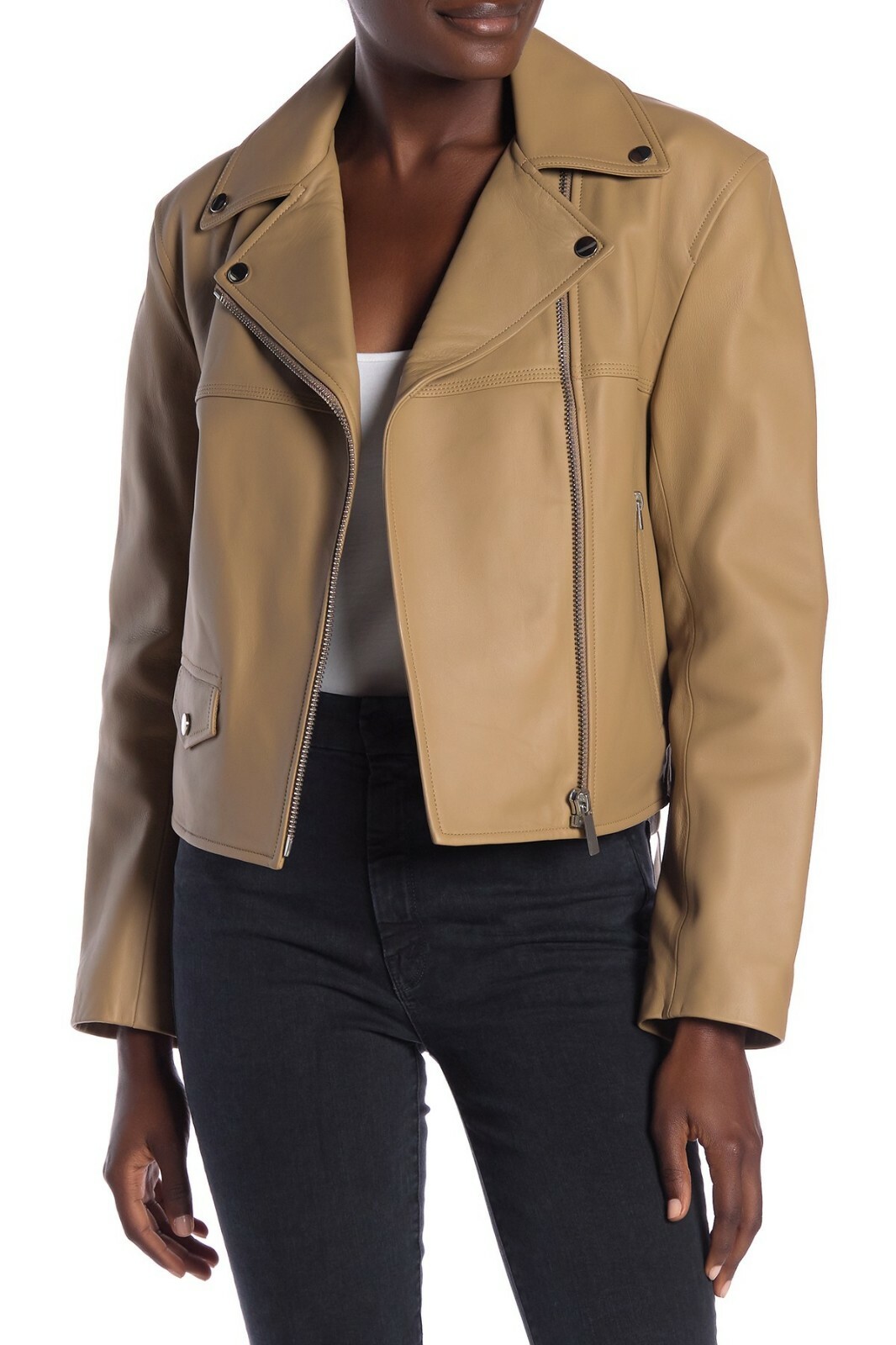 

Байкерская мото куртка NWD HELMUT LANG темно-охристо-бежевого цвета с кожаным ремешком из ягненка  6/8 НОВИНКА, Бежевый