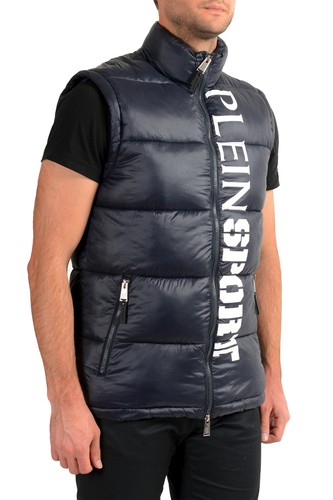 PLEIN SPORT PLEIN SPORT HERREN MARINEBLAU LOGO AUFDRUCK REISSVERSCHLUSS PARKA WESTE MIT ÄRMEL