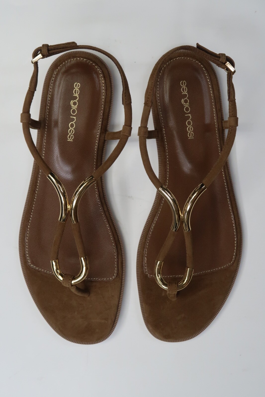 Pre-owned Sergio Rossi Women's Gold Hardware Twist Brown Flat Thong Sandals Eu 39 $595