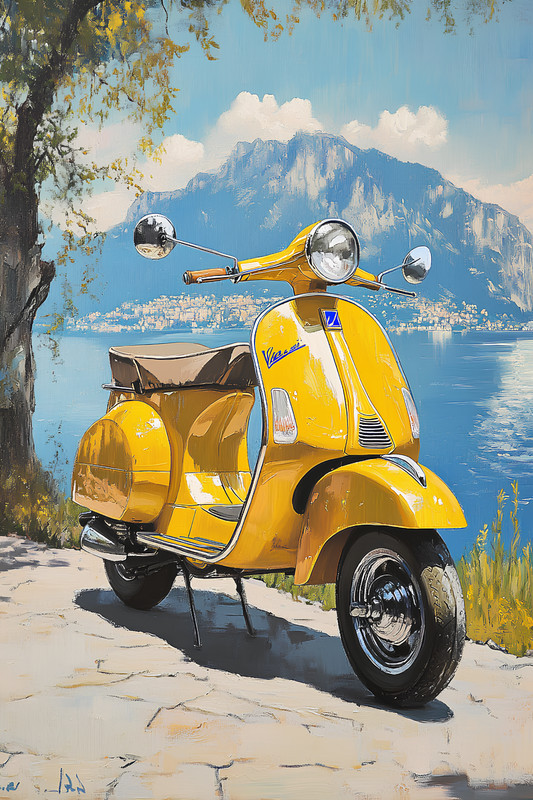 Gelber Retro-Roller am Gardasee – Vintage Kunstposter, Wanddeko, Print