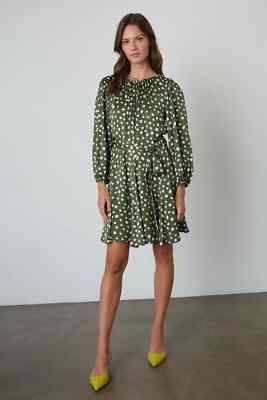 VELVET By Graham & Spencer Kenia Waist Tie Satin Polka Dot Dress Green S $249 E2