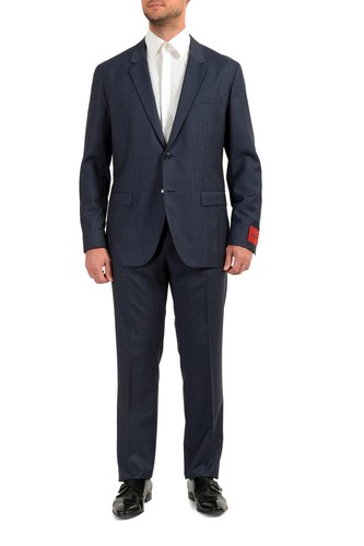 Pre-owned Hugo Boss Men's "urban/fargo 194f1" Regular Fit Plaid 100% Wool Two Button Suit In Blue/black
