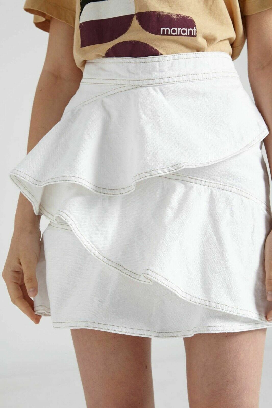 

ISABEL MARANT Etoile Белая джинсовая мини-юбка с рюшами и рюшами 38, Белый, Coati