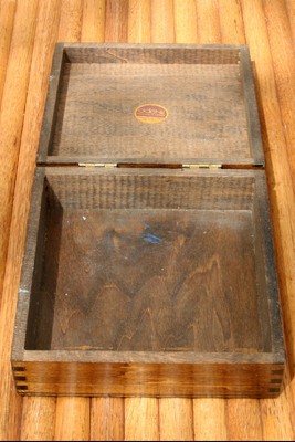 Vintage Hand Crafted Wood Box With Victorian House Leather Inlay Top Dovetailed