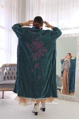 Pre-owned Jaded Gypsy Hippie Statement Moonlight Walk Velvet Duster Jacket Dark Teal In Blue