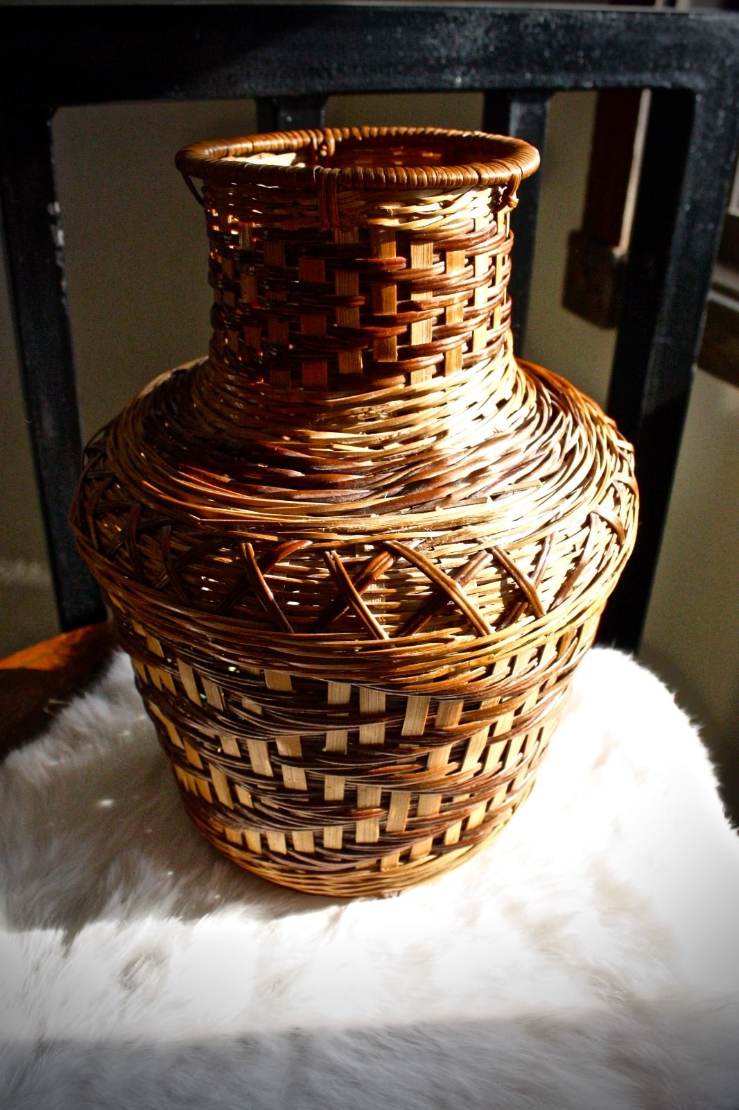 Vintage Antique Woven Tight Wicker Ornate Vase Basket Boho Bohemian Rattan