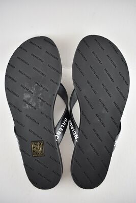 Pre-owned Balenciaga Black White Leather Logo Thong Slide Slip On Sandal Flip Flop Flat 37