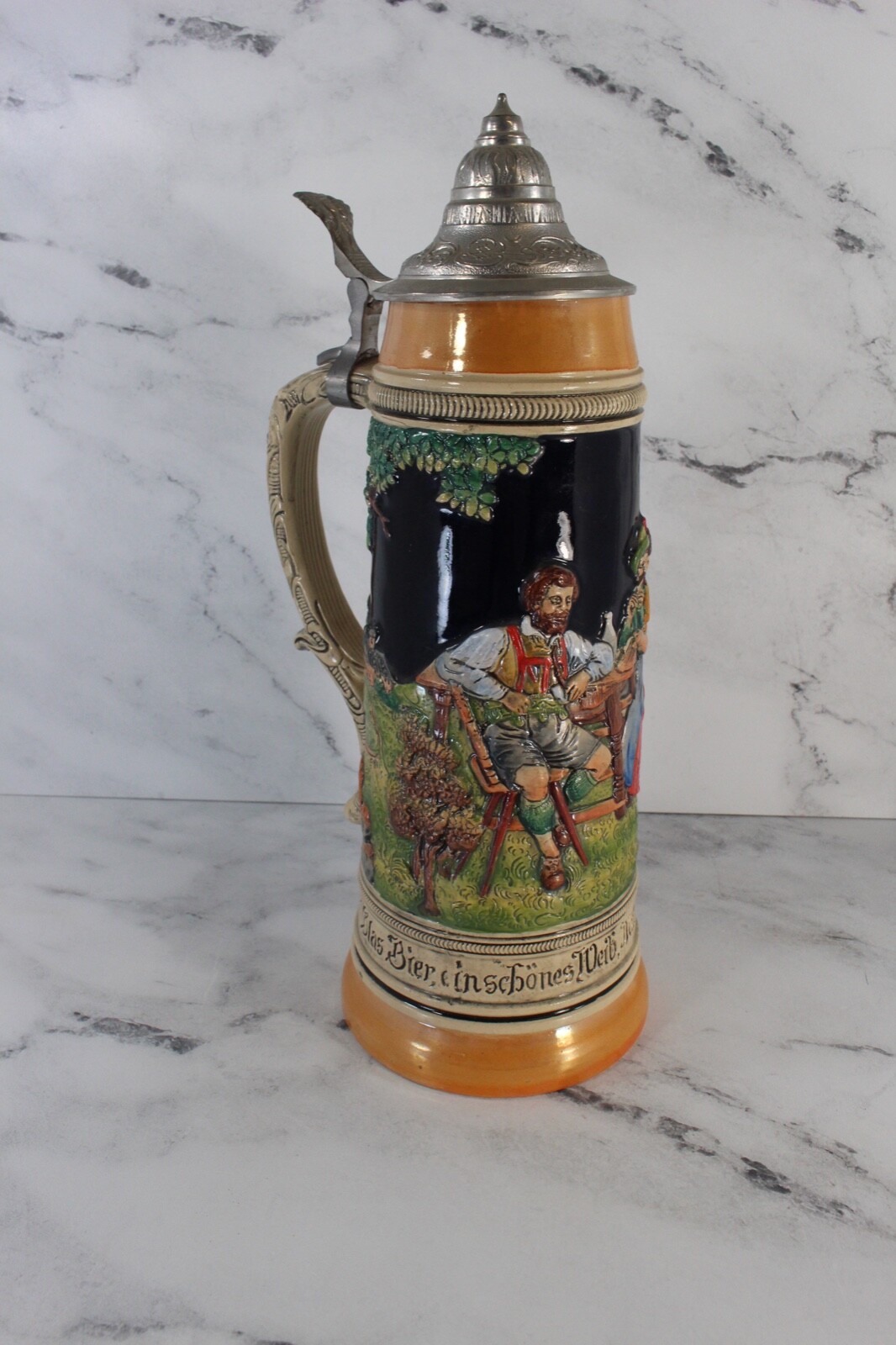 Antique German Beer Stein with Pewter Tilt Top Lid TALL
