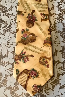 NEW w/o MUSIC THEMED TIE Violin Harp Horn Drum Sax Floral Musical Composition
