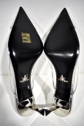 Pre-owned Prada Modellerie Clear Pvc Silver Backless Pointed Sandal Mule Heel Pump 38.5