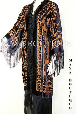 Pre-owned Maya Matazaro Orange & Black Silk Burnout Velvet Fringes Jacket Kimono Coat Long
