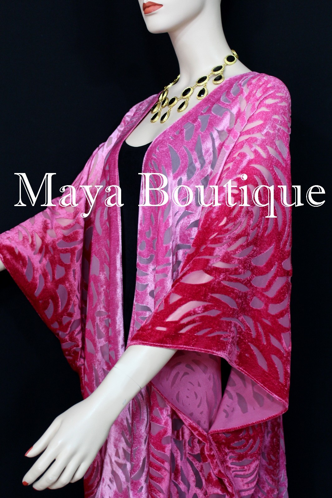 Pre-owned Maya Matazaro Pink Ombre Camellia Burnout Velvet Caftan Kimono Duster Hand Dyed