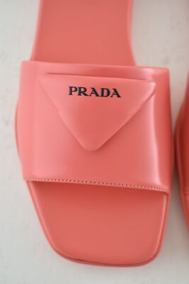 Pre-owned Prada Corallo Red Rubber Leather Triangle Logo Slide Sandal Flip Flop Flat 39