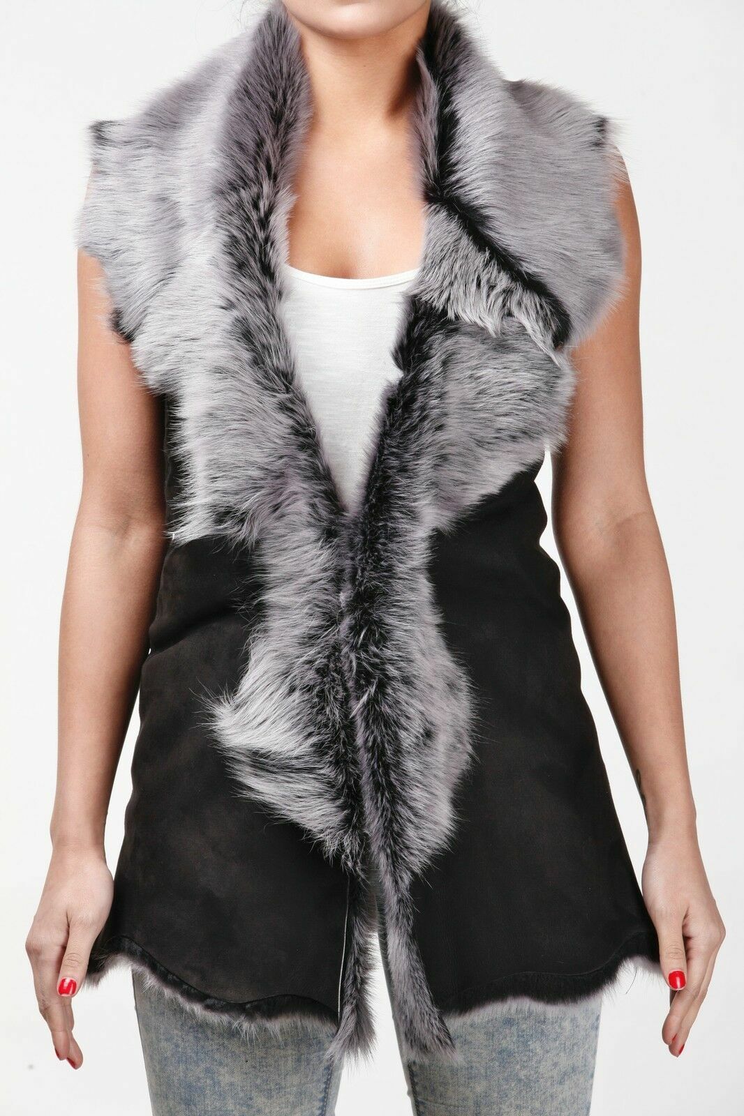 Pre-owned Infinity Women's Black With Grey Toscana Shearling Leather Sheepskin Waistcoat Gilet In Gray