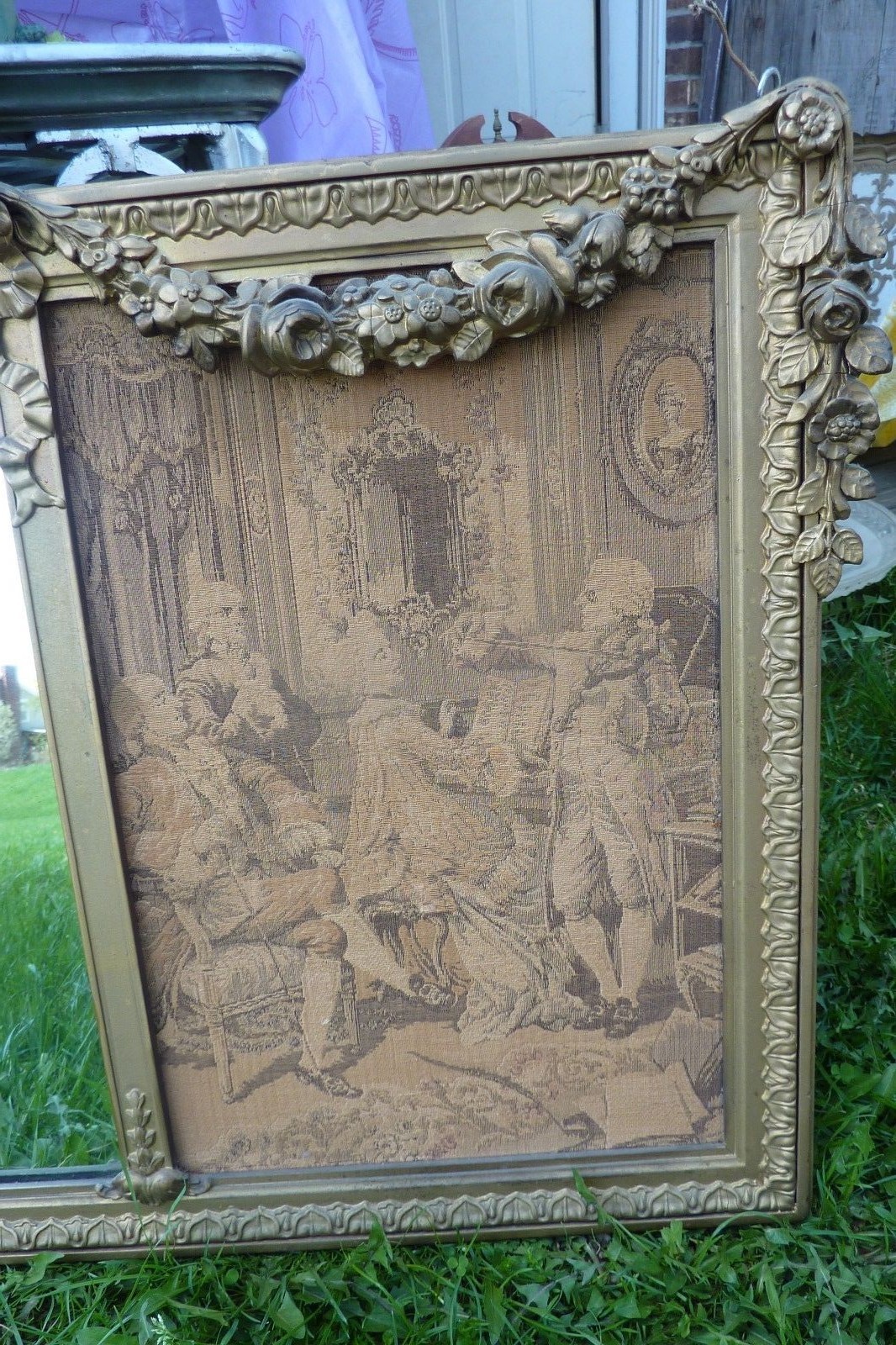 Lg  ANTIQUE VTG BARBOLA swag MIRROR frame GESSO Trumeau Victorian w/ tapestry