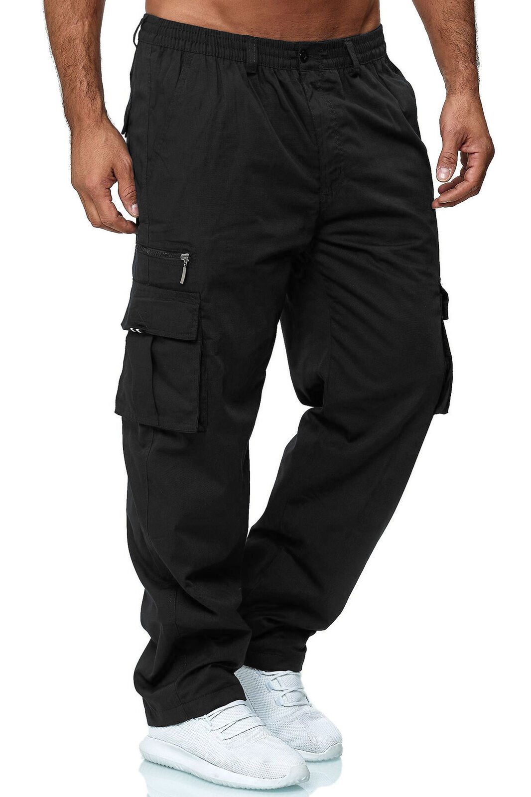 Men Stretch Cargo Combat Work Pants Multi Pockets Elastic Waist Trousers Bottoms