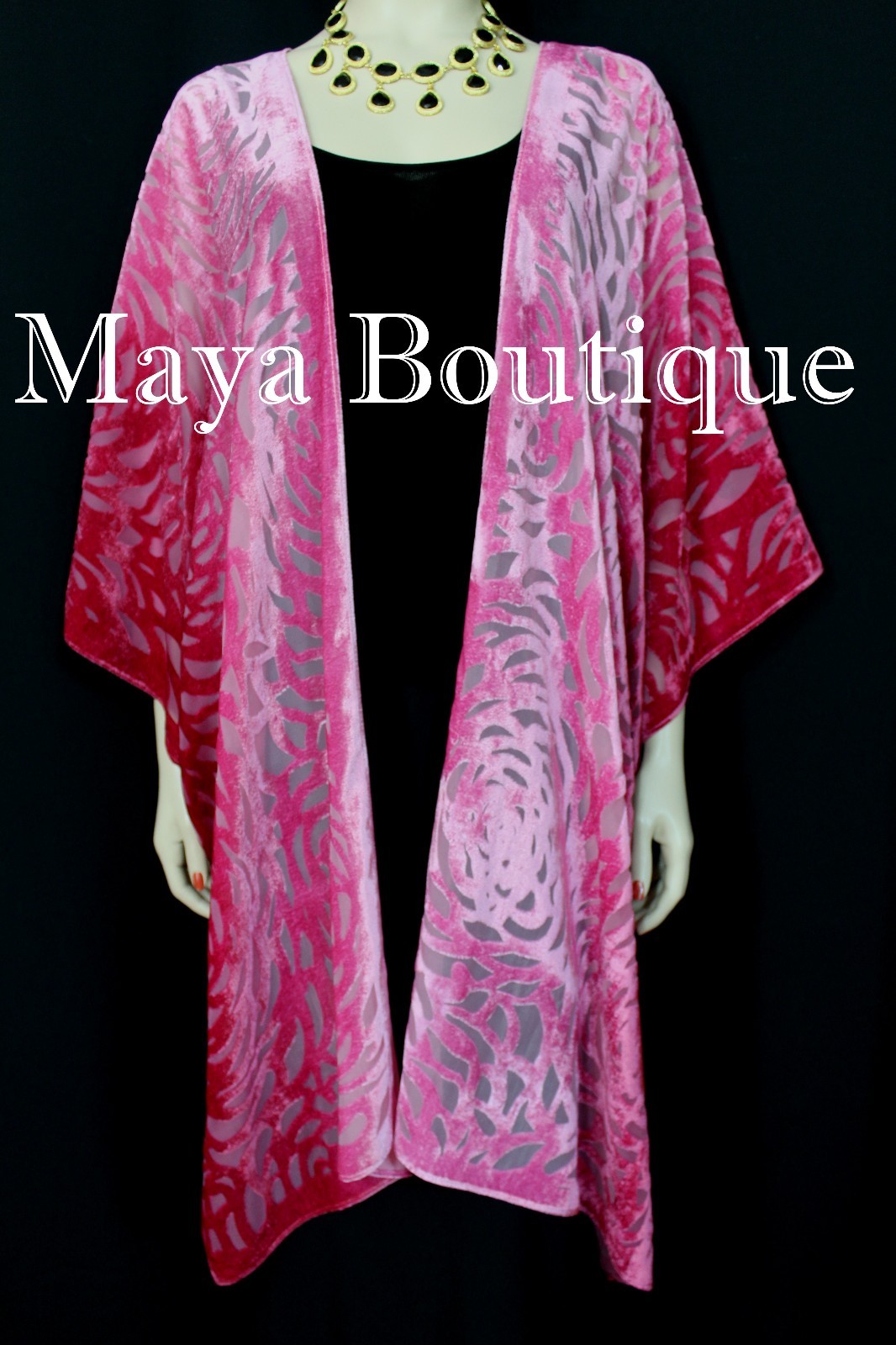 Pre-owned Maya Matazaro Pink Ombre Camellia Burnout Velvet Caftan Kimono Duster Hand Dyed