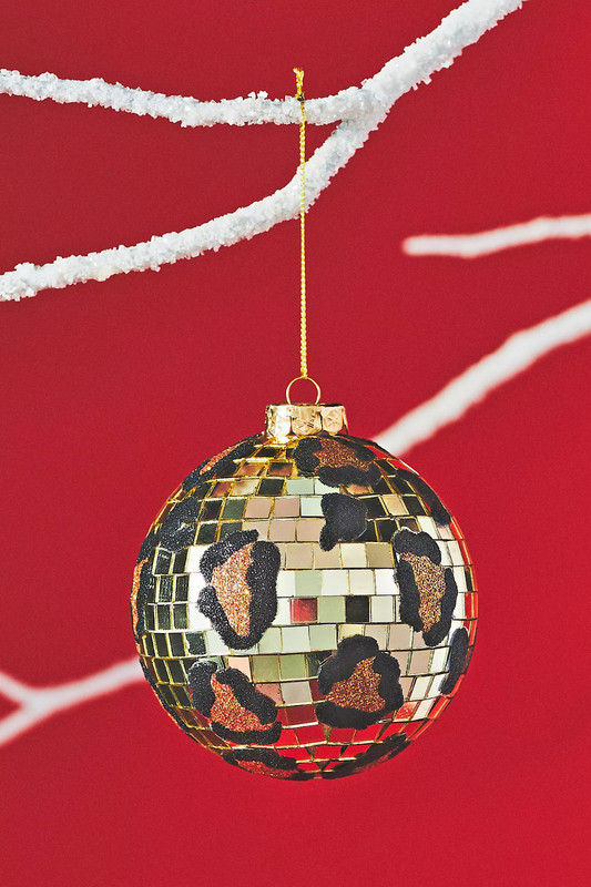 ANTHROPOLOGIE LEOPARD DISCO BALL MIRROR GLASS GLOBE CHRISTMAS HOLIDAY ORNAMENT
