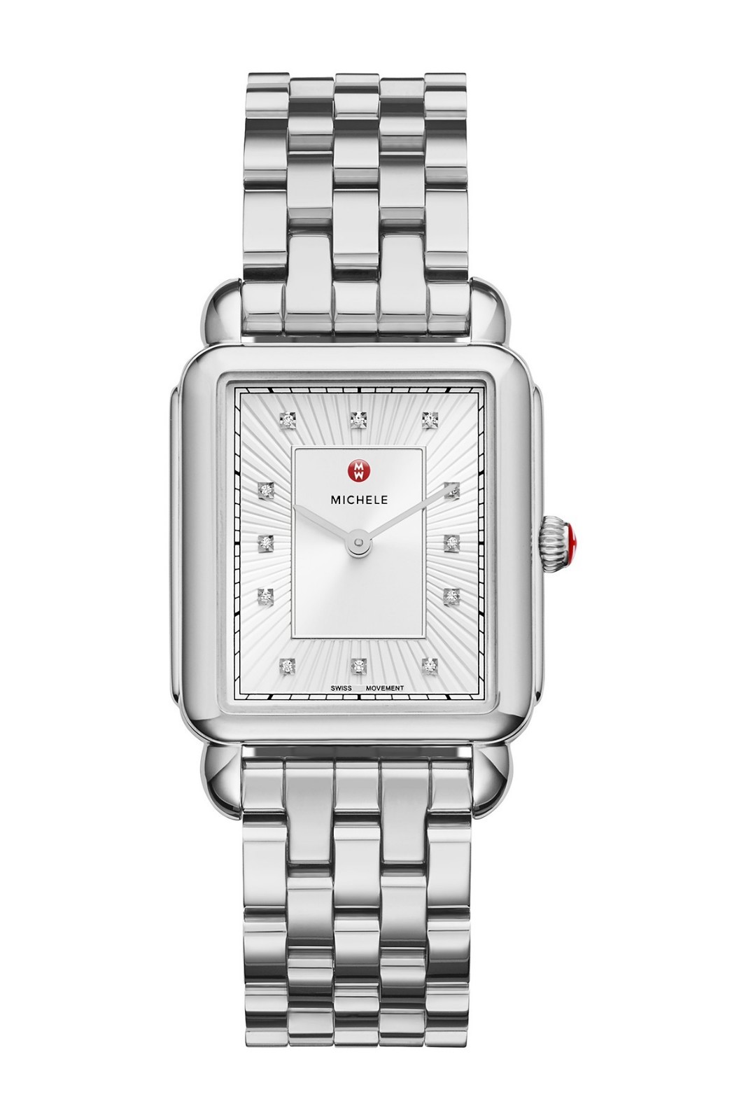Pre-owned Michele 3 Pc Set  Deco Ii Silver,diamonds,black+white Leather Watch Mww06x000
