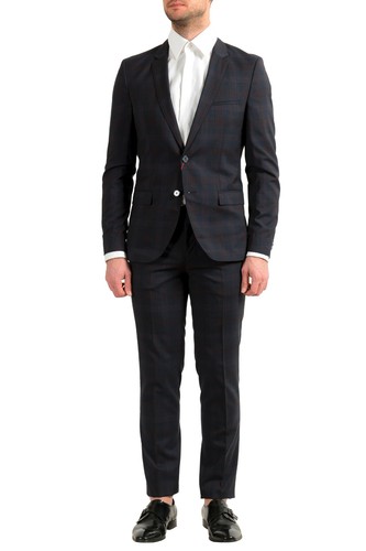 Pre-owned Hugo Boss Men's "arti/hesten182" Extra Slim Plaid 100% Wool Two Button Suit In Blue/red