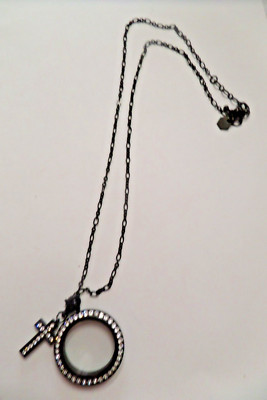 Authentic Origami Owl 18-20'' BLACK CHAIN/LG LOCKET w/CRYSTALS/PAVE CROSS DANGLE