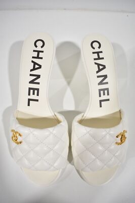 Pre-owned Chanel Rev White Lambskin Quilted Cc Gold Logo Cone Heel Mule Slide Sandal 37.5