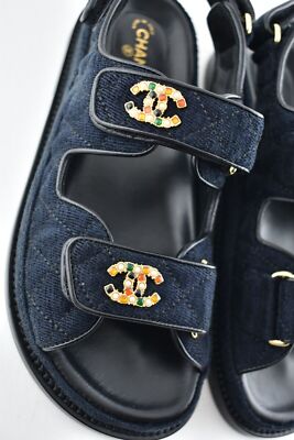 Pre-owned Chanel 21a Blue Velvet Denim Cc Logo Mule Slide Strap Flat Teva Dad Sandal 37.5
